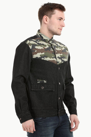 Men's Camo Print Cut-N-Sew Black Denim Jacket