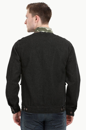 Men's Camo Print Cut-N-Sew Black Denim Jacket