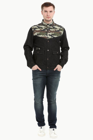 Men's Camo Print Cut-N-Sew Black Denim Jacket