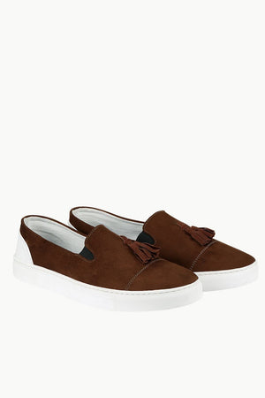 Men's Chocolate Faux Suede Tassel Plimsolls