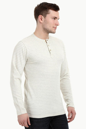 Men's Knit Beige Stripe Henley Sweatshirt