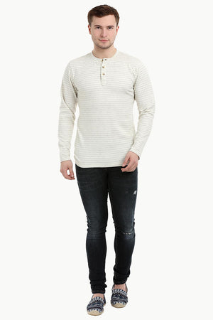 Men's Knit Beige Stripe Henley Sweatshirt