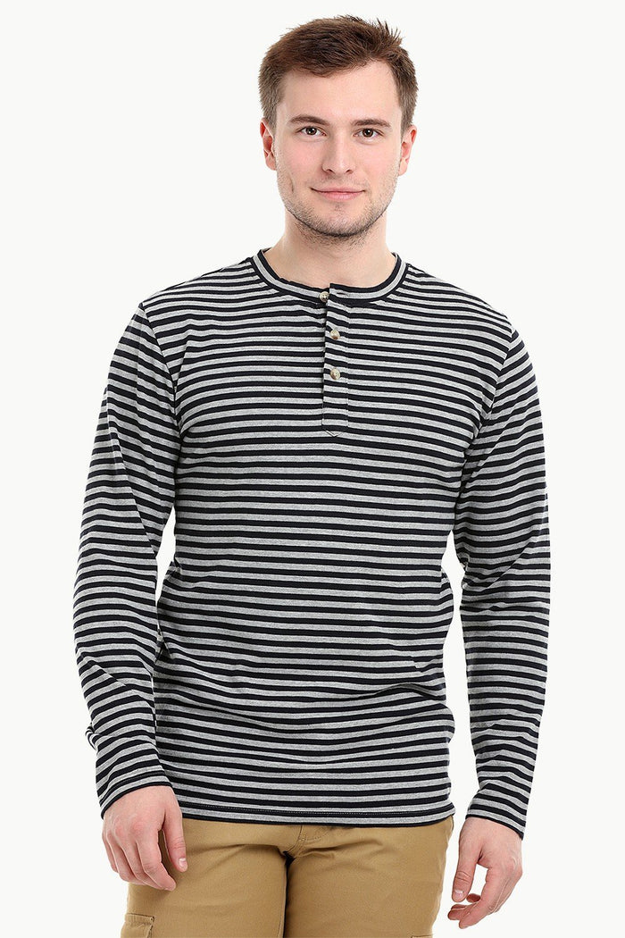 Men's Knit Navy /Grey Stripe Henley Sweatshirt