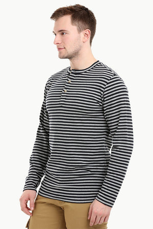 Men's Knit Navy /Grey Stripe Henley Sweatshirt