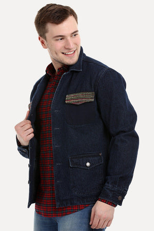 Men's Dark Wash Navy Denim Lapel Jacket