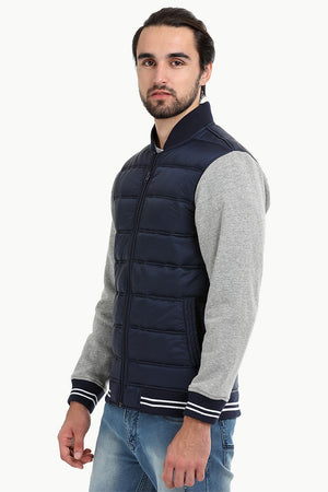 Padded Knit Sleeve Navy Zipper Jacket