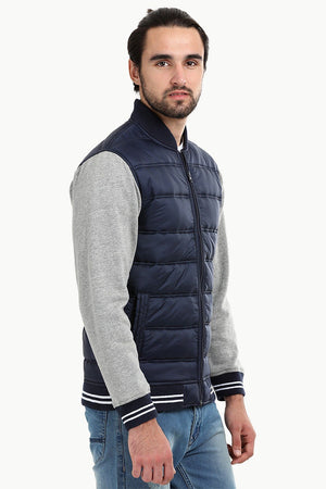 Padded Knit Sleeve Navy Zipper Jacket