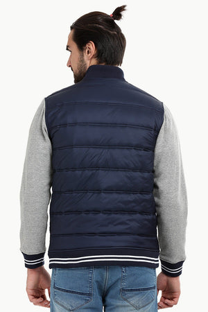 Padded Knit Sleeve Navy Zipper Jacket