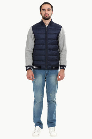 Padded Knit Sleeve Navy Zipper Jacket