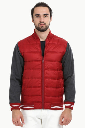 Padded Knit Sleeve Red Zipper Jacket