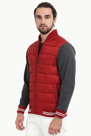 Padded Knit Sleeve Red Zipper Jacket
