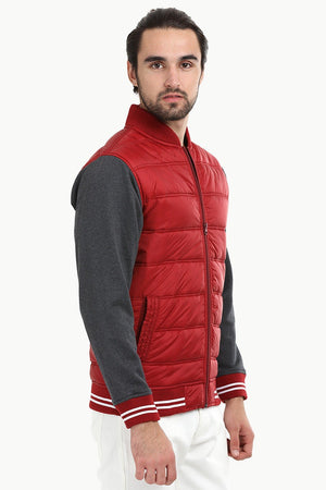 Padded Knit Sleeve Red Zipper Jacket