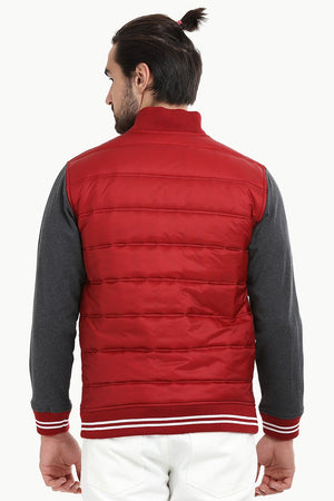 Padded Knit Sleeve Red Zipper Jacket