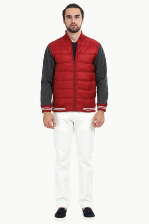 Padded Knit Sleeve Red Zipper Jacket