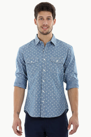 Printed Cotton Indigo Denim Shirt