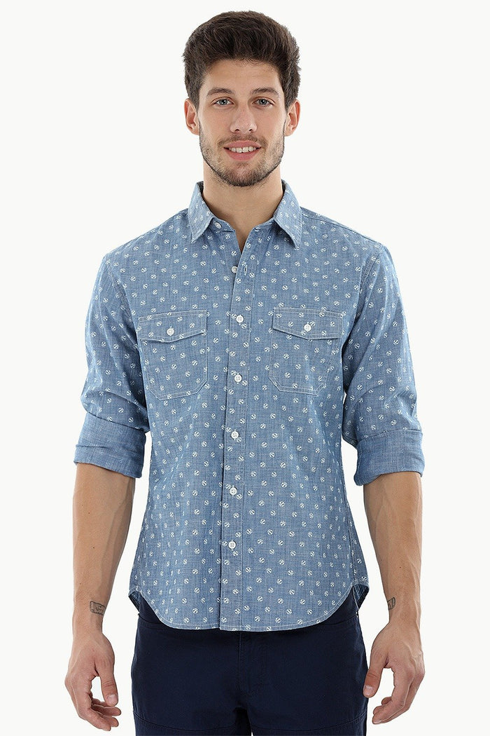 Printed Cotton Indigo Denim Shirt