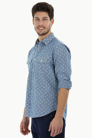 Printed Cotton Indigo Denim Shirt