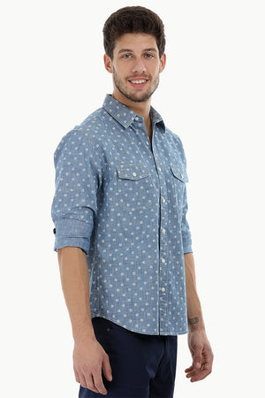 Printed Cotton Indigo Denim Shirt