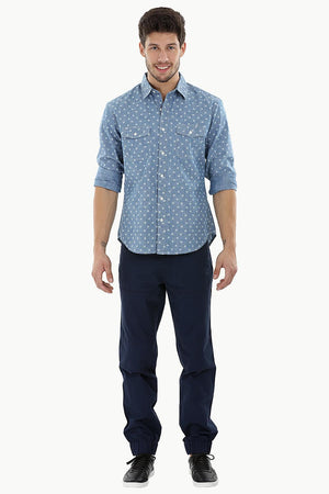Printed Cotton Indigo Denim Shirt