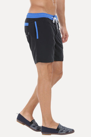 Solid Black Swim Shorts With Bright Contrast Waistband