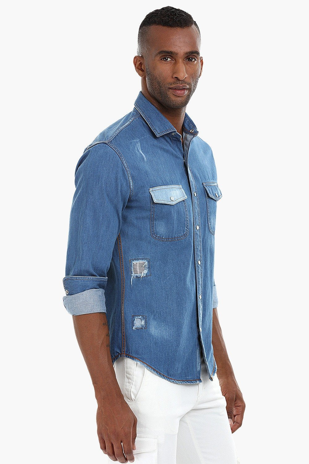 Buy Online Navy Denim Wash Vintage Patch Shirt for Men Online at